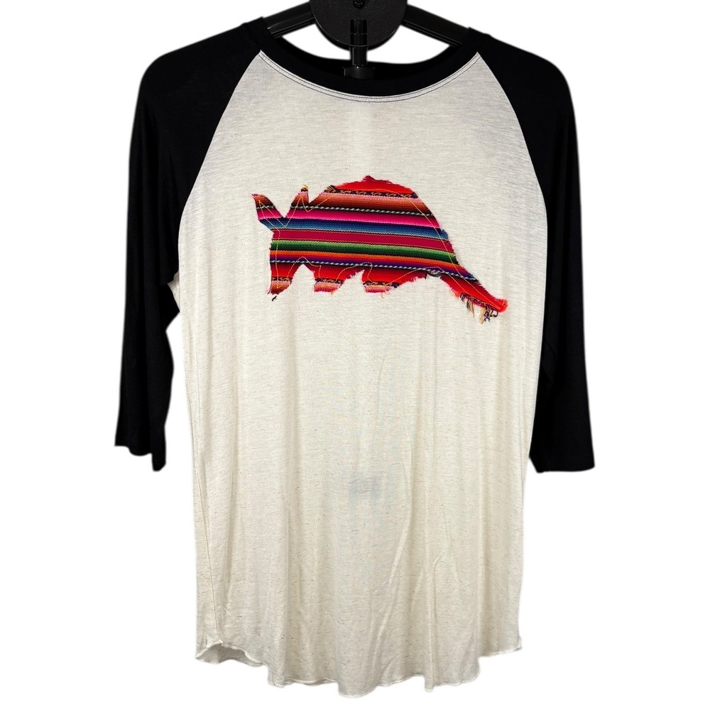 Boho Jane Womens Medium Serape Armadillo Baseball Tee Black Cream 3/4 Sleeve USA